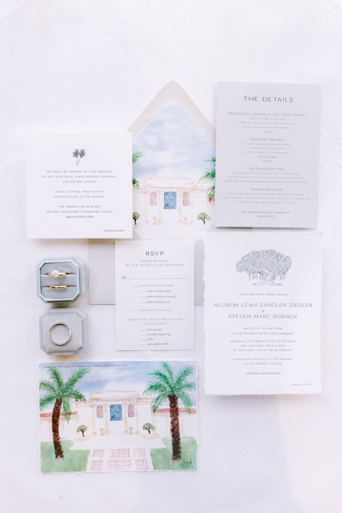 Custom wedding invitation suite with tropical watercolor house design and details card by A&P Design for St. Petersburg art museum wedding