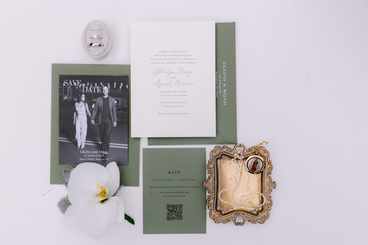 Elegant sage green and white wedding invitation suite with save the date cards and RSVP details by Reverie Press for Hudson Valley wedding at The Roundhouse Beacon