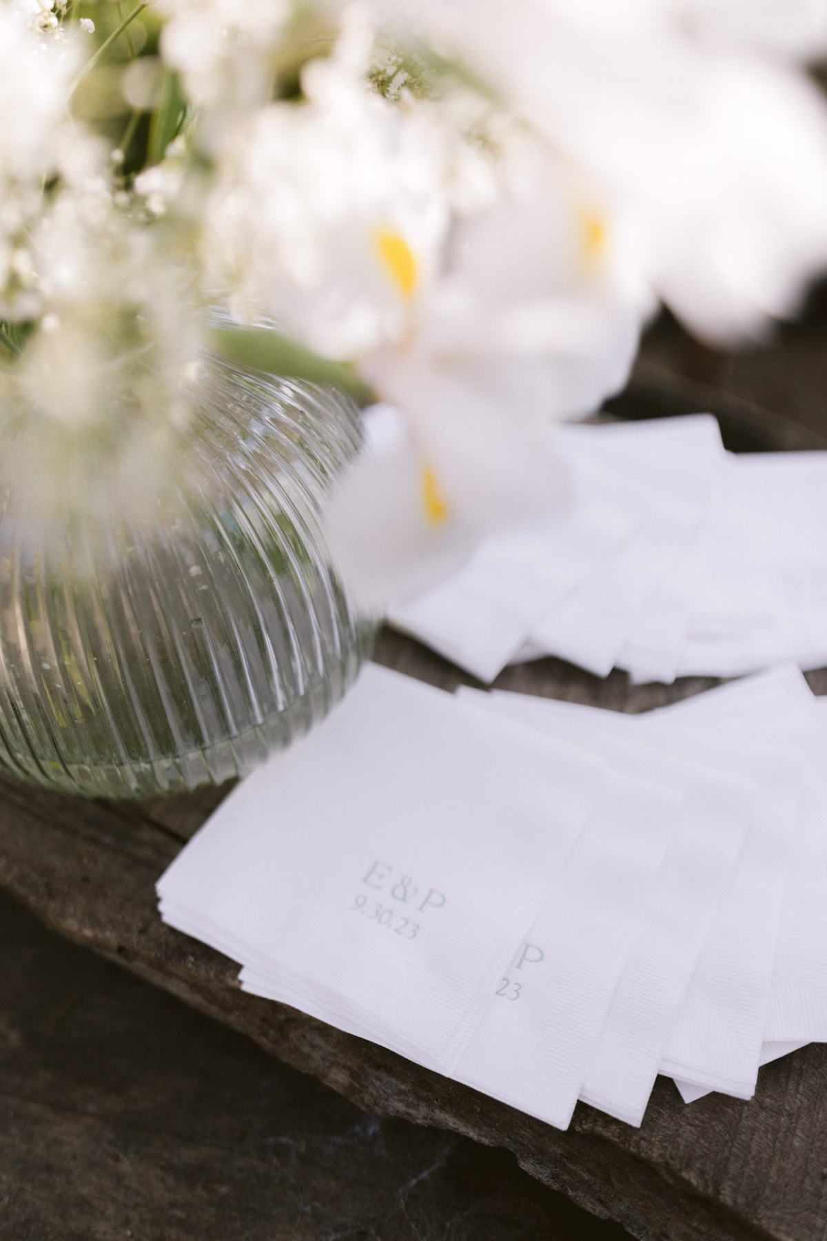 wedding stationery zola johnsons locust hall new jersey - A Farm Wedding at Johnson's Locust Hall, New Jersey Elegant white wedding stationery by Zola displayed with white flowers in glass vase at Johnson's Locust Hall farm wedding in New Jersey